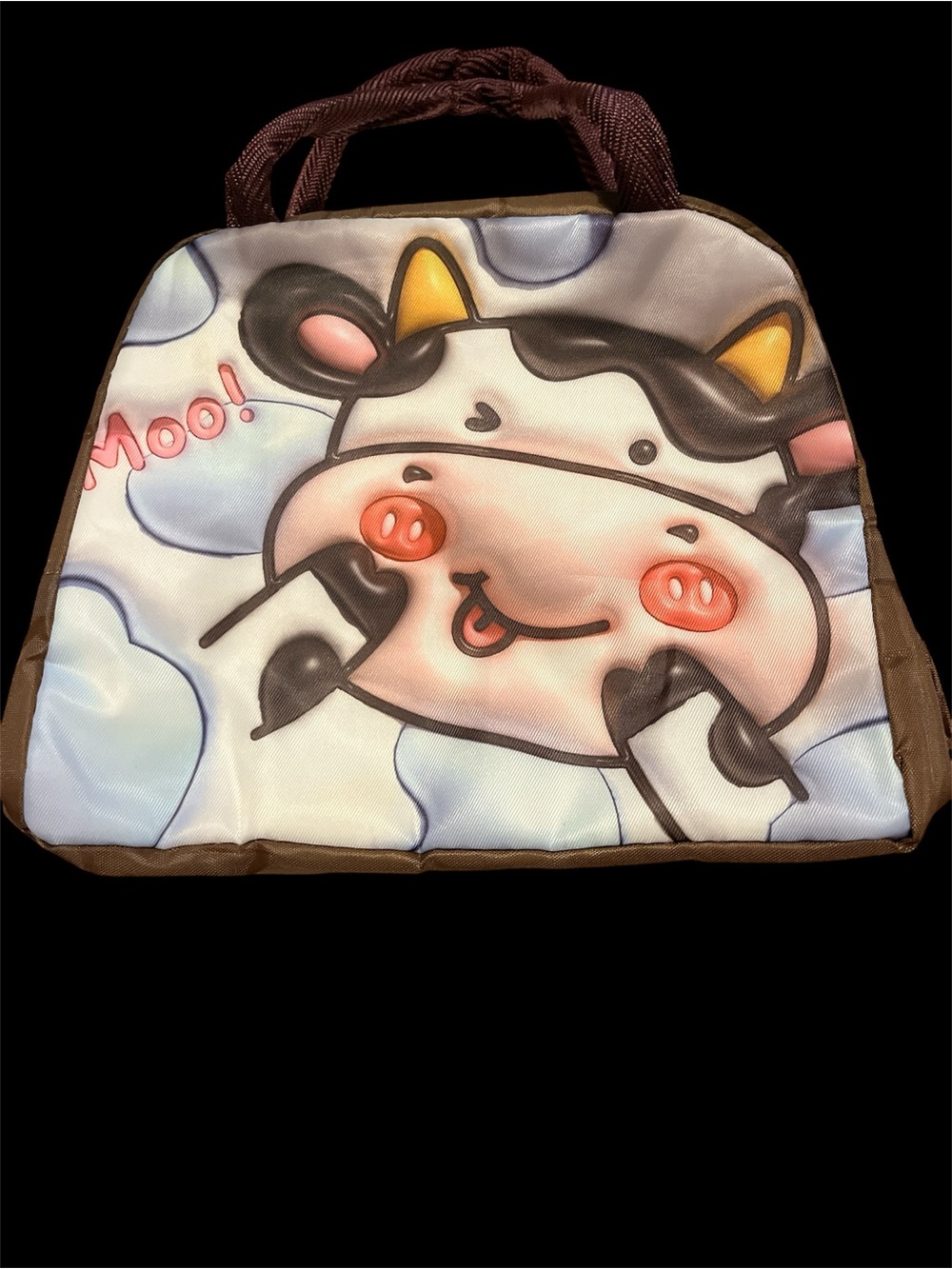 Cow Graphic Lunch Tote Bag in Brown & White